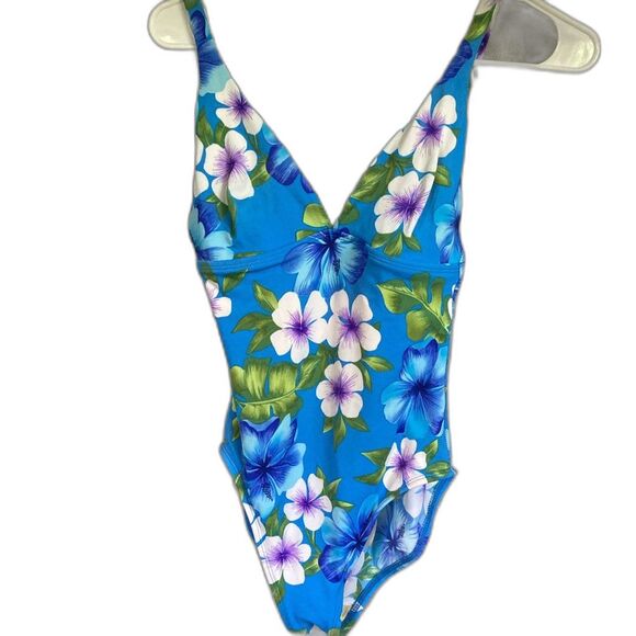LANDS END Floral Green Tropical Leaves One Piece Swimsuit Womens Size 8 - Picture 3 of 15